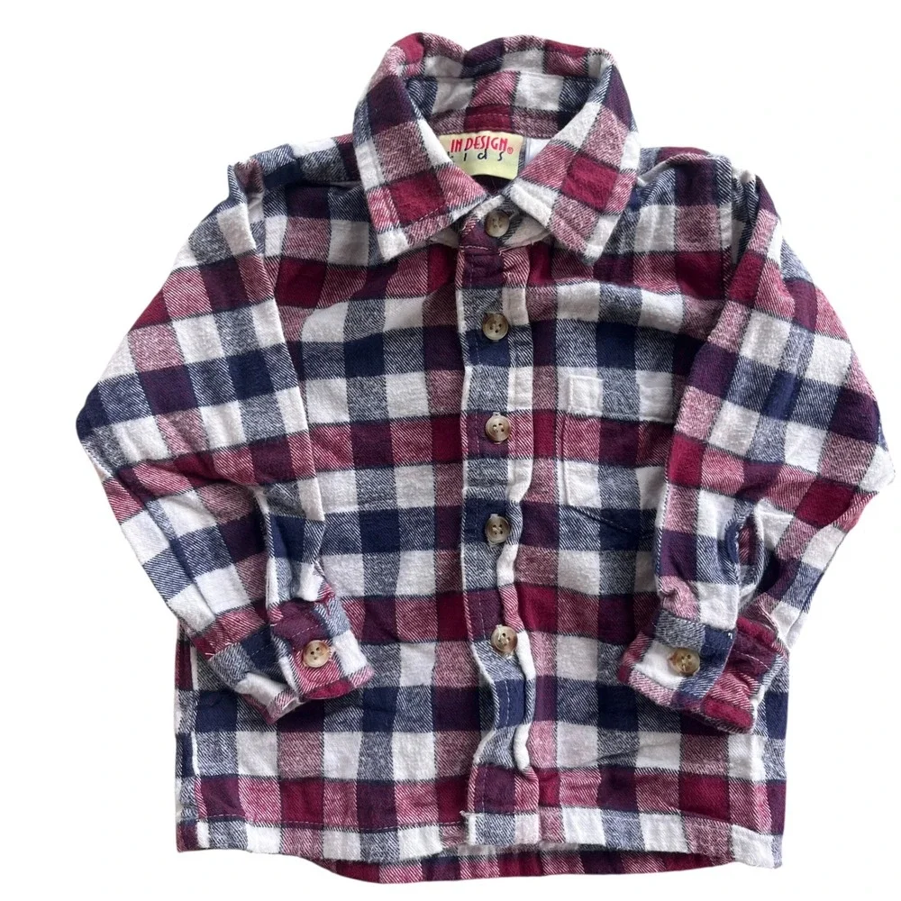 In Design Kids Vintage Sz 18 Months Burgundy Corduroy Overalls Flannel Shirt Set